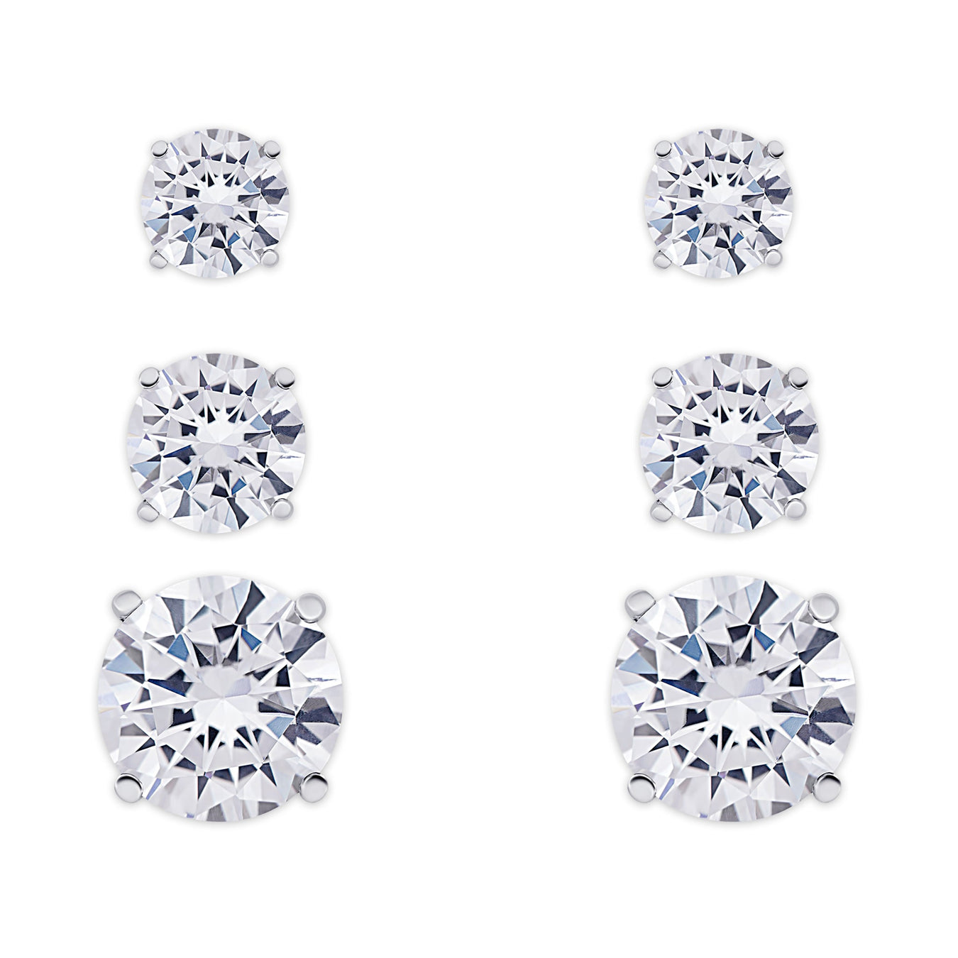 Silver Plated 3 Prs Small Round Cubic Zirconia Stud Earring Set