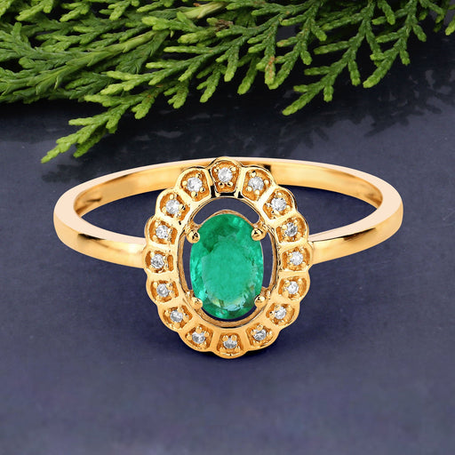 0.48 Carat Genuine Zambian Emerald and White Diamond 14K Yellow Gold Ring