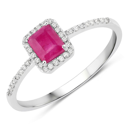 0.58 Carat Genuine Ruby and White Diamond 14K White Gold Ring