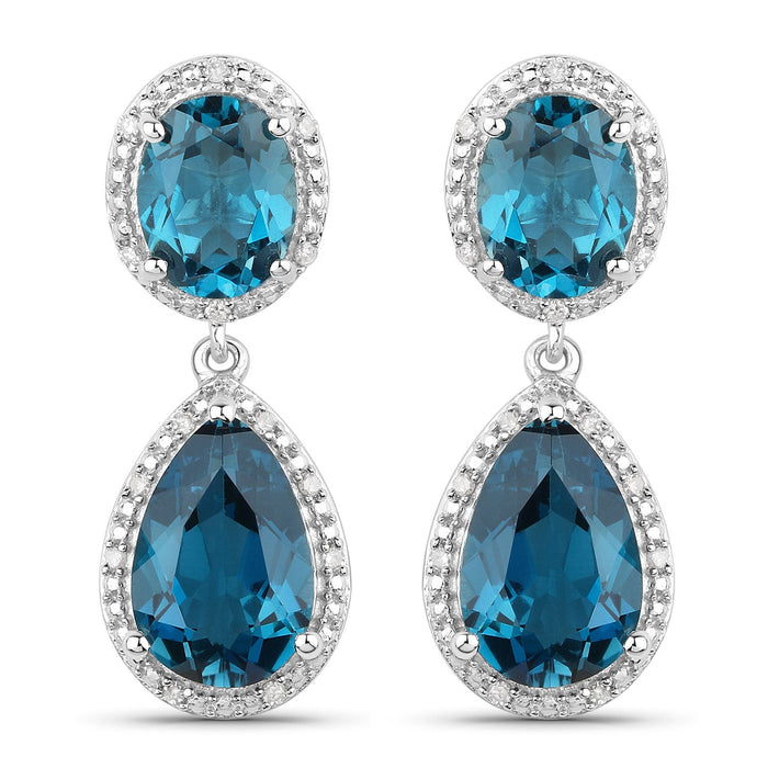 11.45 Carat Genuine London Blue Topaz and White Diamond .925 Sterling Silver Earrings