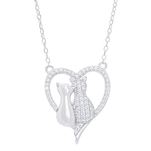Sterling Silver Cubic Zirconia Double Cat in Heart Necklace - leathersilkmore.com