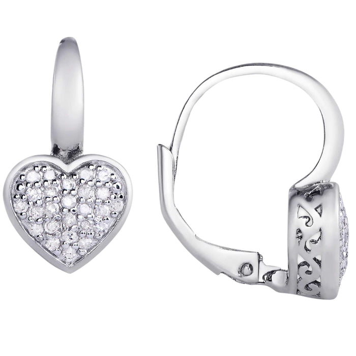 Sterling Silver 1/4 Ct Diamond Heart Lever Back Earring