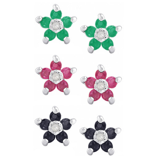 Sterling Silver Ruby, Sapphire, Emerald Gemstone Flower Earring Set - leathersilkmore.com