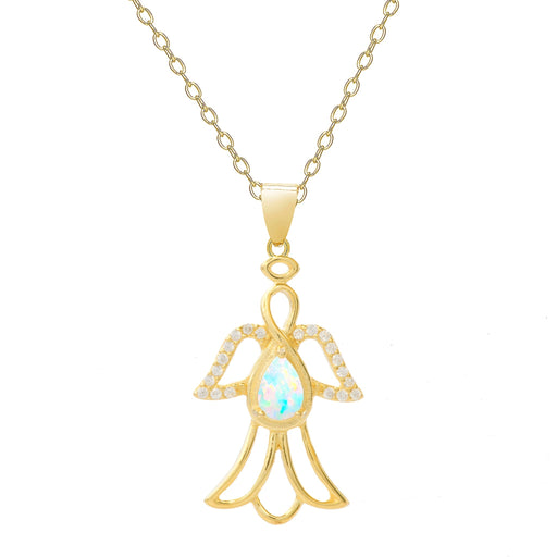 18K Gold Over Sterling Silver CZ & Lab Opal Gemstone Angel Pendant - leathersilkmore.com