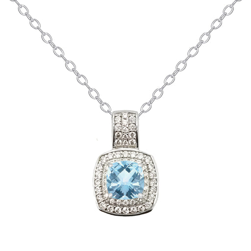 Sterling Silver Gemstone Blue Topaz & CZ Cushion Halo Pendant - leathersilkmore.com