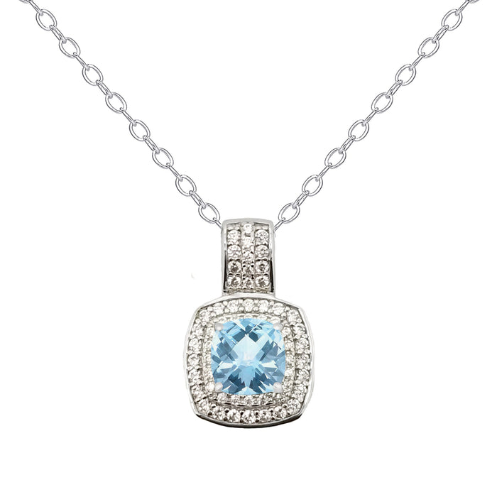 Sterling Silver Gemstone Blue Topaz & CZ Cushion Halo Pendant - leathersilkmore.com