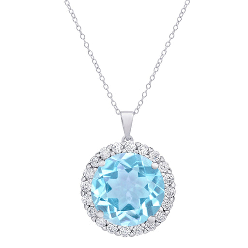 Sterling Silver CZ & Gemstone Blue Topaz Round Halo Pendant - leathersilkmore.com