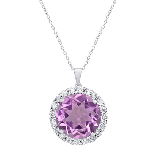 Sterling Silver CZ & Gemstone Amethyst Halo Pendant - leathersilkmore.com