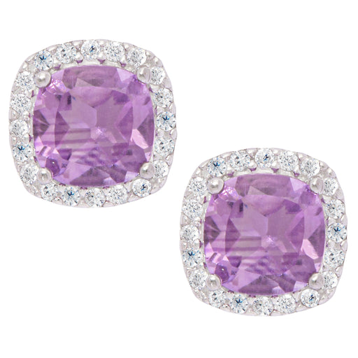 Sterling Silver Amethyst Gemstone & CZ Cushion Stud Earrings - leathersilkmore.com