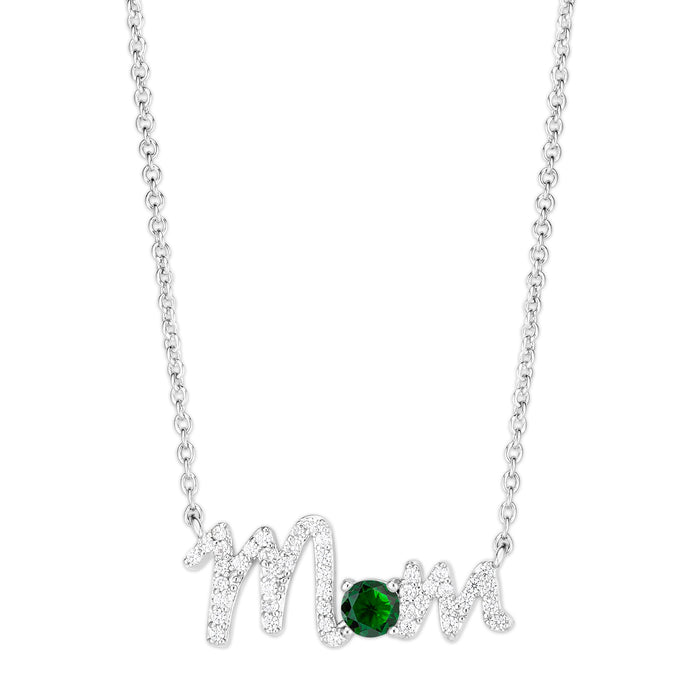 Sterling Silver Lab Gemstone Emerald "mom" Necklace - leathersilkmore.com