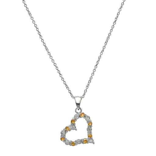 Sterling Silver Diamond & Citrine Open Heart Pendant Necklace 18" - leathersilkmore.com