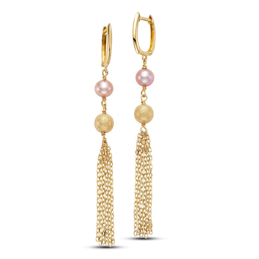 14k Pink or White Freshwater Pearl Gold Fringe Huggie Hoop Dangle Earrings - leathersilkmore.com