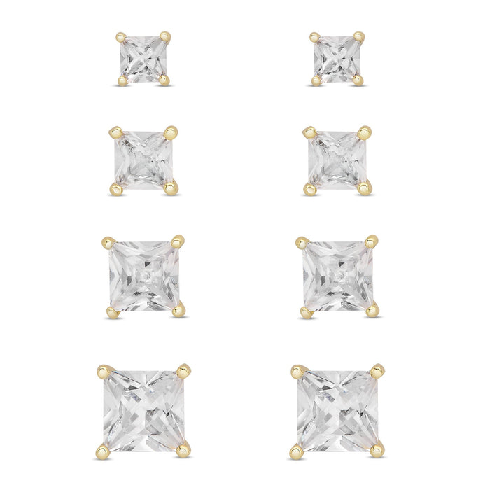 Gold Plated 4 Prs Square CZ Stud Earring Set - leathersilkmore.com