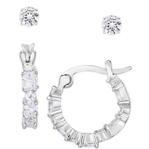 Silver Plated Cubic Zirconia Hoop & Stud Earring Set - leathersilkmore.com