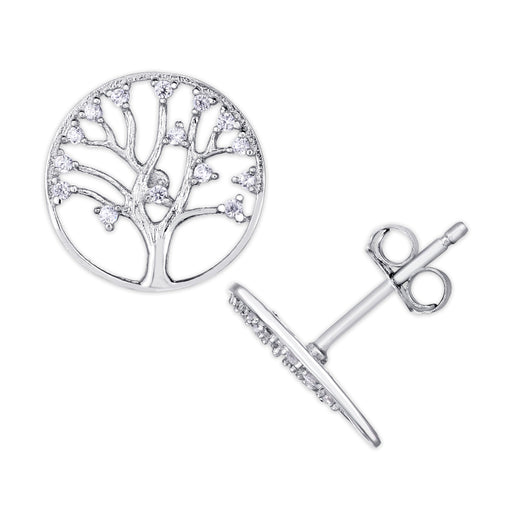 Silver Plated Cubic Zirconia Tree of Life Stud Earrings - leathersilkmore.com