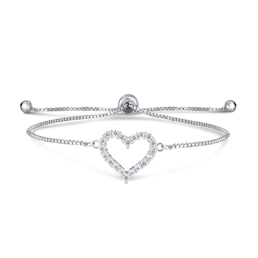 Silver-Plated Cubic Zirconia Open Heart Adjustable Bracelet - leathersilkmore.com