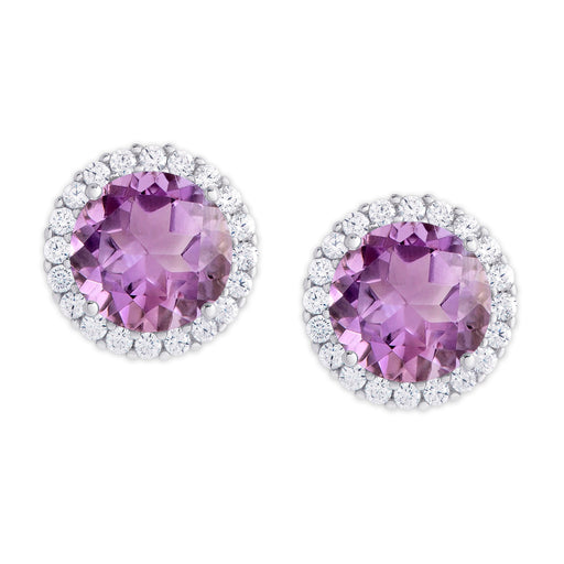 Silver Plated Round Simulated Amethyst & CZ Halo Stud Earrings - leathersilkmore.com