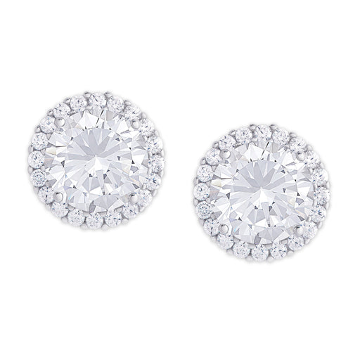 Silver Plated Round Simulated White Topaz & CZ Halo Stud Earrings - leathersilkmore.com