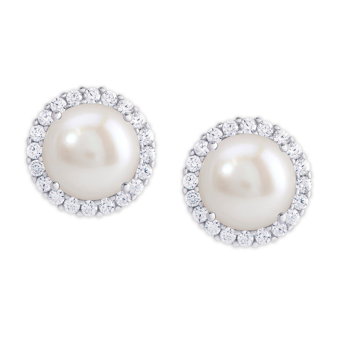 Silver Plated Round Simulated Pearl & CZ Halo Stud Earrings - leathersilkmore.com