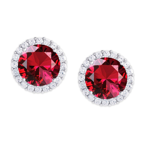 Silver Plated Round Simulated Ruby & CZ Halo Stud Earrings - leathersilkmore.com