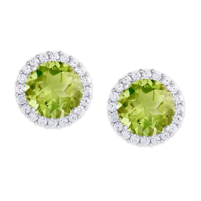 Silver Plated Round Simulated Peridot & CZ Halo Stud Earrings - leathersilkmore.com