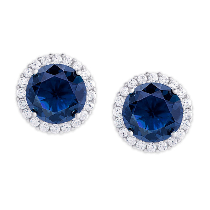Silver Plated Round Simulated Sapphire & CZ Halo Stud Earrings - leathersilkmore.com
