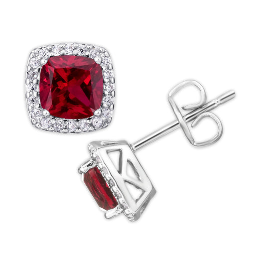 Silver Plated Cushion Simulated Ruby & CZ Halo Stud Earrings - leathersilkmore.com