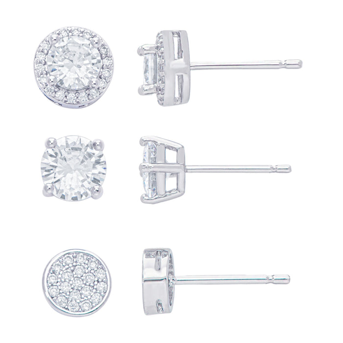 Silver Plated 6MM Round, Halo, & 5MM CZ Stud Earring Set - leathersilkmore.com
