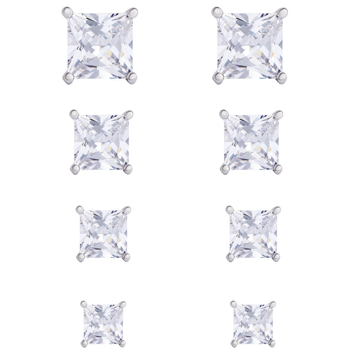 Silver Plated 4 Prs Square CZ Stud Earring Set - leathersilkmore.com