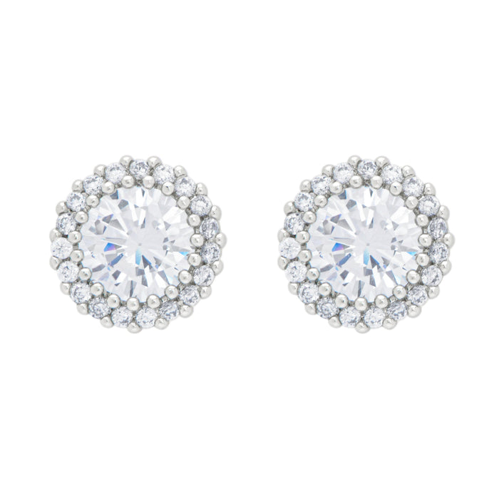 Silver Plated Round Halo Cubic Zirconia Stud Earrings - leathersilkmore.com