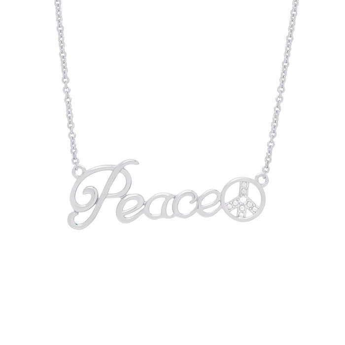 Diamond Accent PEACE and SIGN 18'' Necklace in Fine Silver Plated - leathersilkmore.com