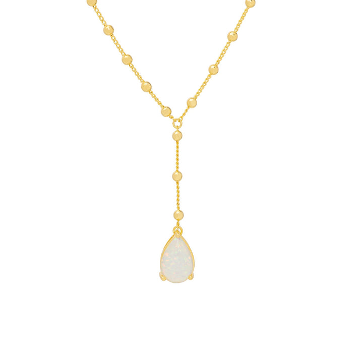 Simulated Pear Opal Beaded Y 18'' Necklace in 14k Gold Plate - leathersilkmore.com