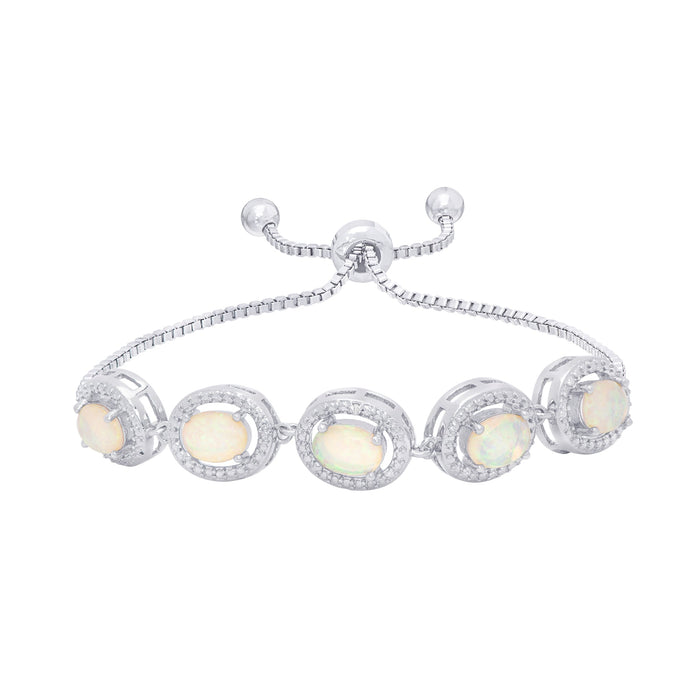 Simulated Oval Opal Adjustable Bolo Bracelet in Fine Silver Plate - leathersilkmore.com