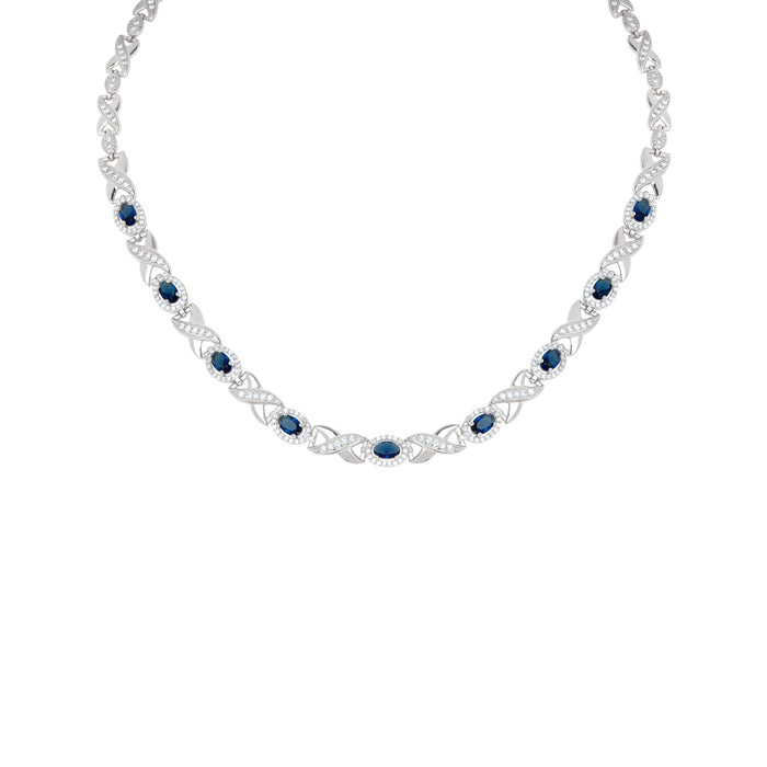 Simulated Sapphire and Cubic Zirconia Oval XO Frontal 18'' Necklace in Fine Silver Plate - leathersilkmore.com