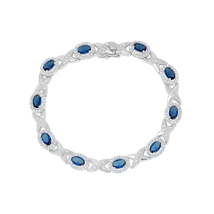 Simulated Sapphire and Cubic Zirconia Oval Halo Bracelet in Fine Silver Plate - leathersilkmore.com
