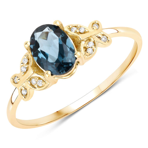 Genuine London Blue Topaz and White Diamond 14K Yellow Ring