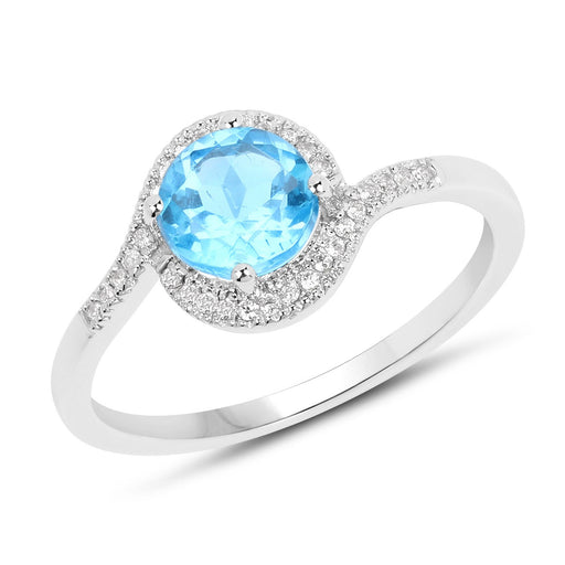 Genuine Swiss Blue Topaz & White Diamond 14K White Gold Ring