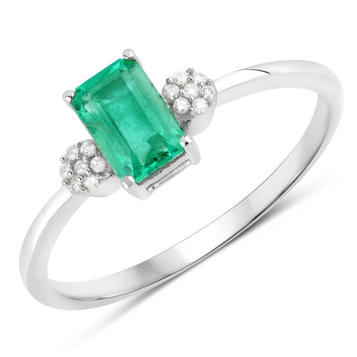 Genuine Zambian Emerald & White Diamond 14K White Gold Ring