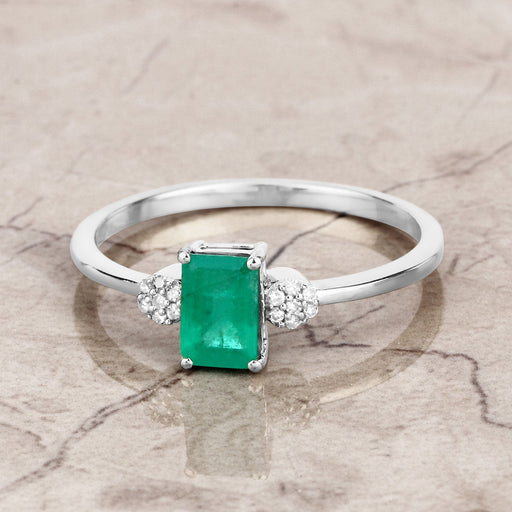 Genuine Zambian Emerald & White Diamond 14K White Gold Ring