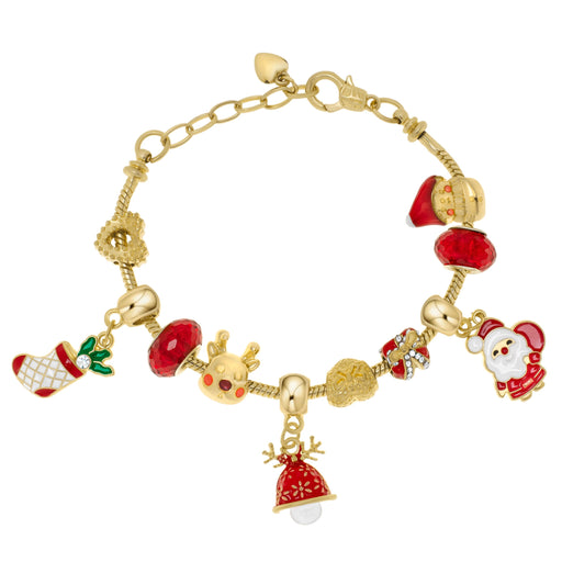 Gold Plated Crystal & Red Christmas Charm Bracelet - leathersilkmore.com