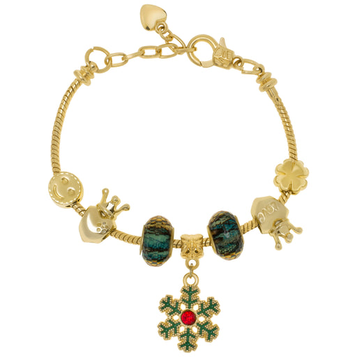 Gold Plated Simulated Ruby Snowflake Christmas Charm Bracelet - leathersilkmore.com