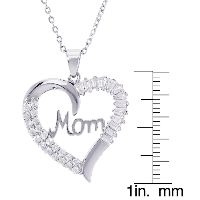 Cubic Zirconia Mom Baguette Heart Pendant With An 18' Chain