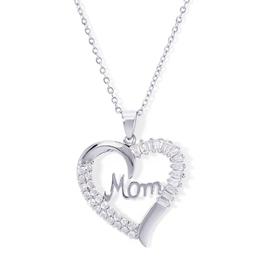 Silver Plated Cubic Zirconia Mom Baguette Heart Pendant With An 18' Chain - leathersilkmore.com