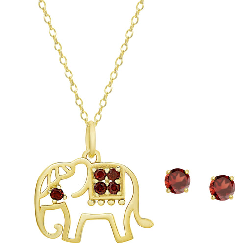 18K Gold Over Sterling Silver Garnet Gemstone Elephant Pendant & Stud Set - leathersilkmore.com