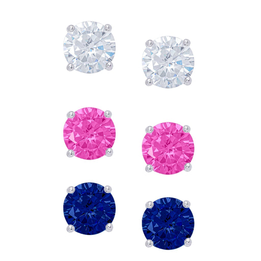 Sterling Silver Lab Pink, White, Blue Gemstone Sapphire Stud Earring Set - leathersilkmore.com