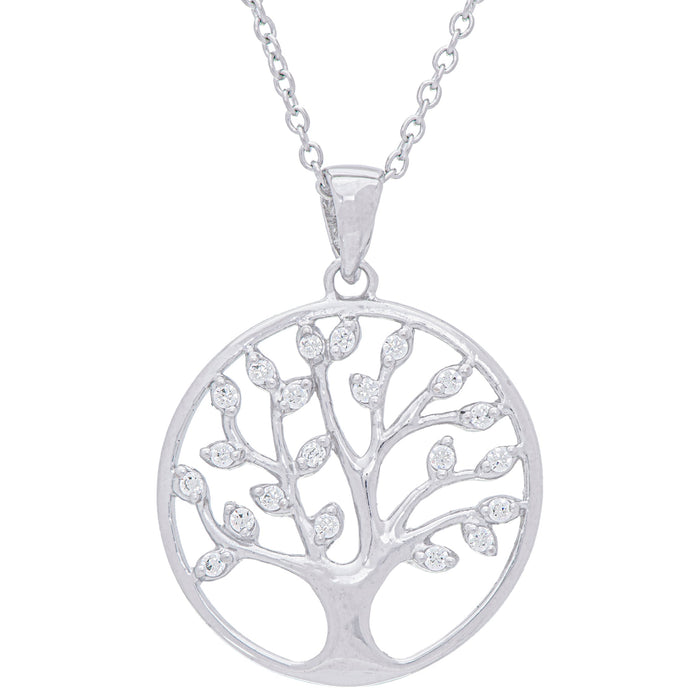 Sterling Silver Clear Cubic Zirconia Tree of Life Pendant - leathersilkmore.com