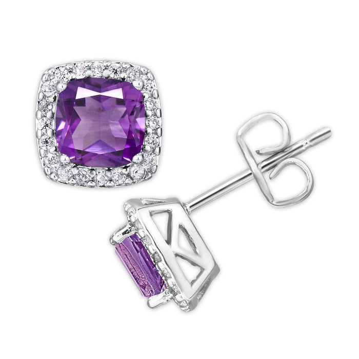Silver Plated Cushion Simulated Amethyst & CZ Halo Earrings