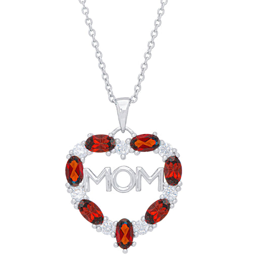 Silver Plated Simulated Ruby & Cubic Zirconia 'Mom' Heart Pendant With An 18" Chain