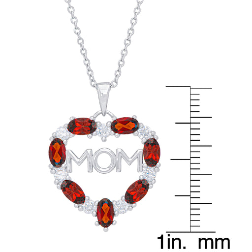 Silver Plated Simulated Ruby & Cubic Zirconia 'Mom' Heart Pendant With An 18" Chain