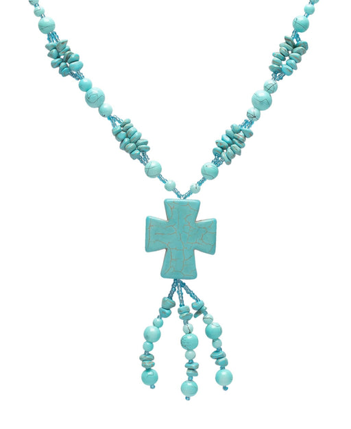 Silver Plated Turquoise Dyed Howlite Drop Cross Necklace